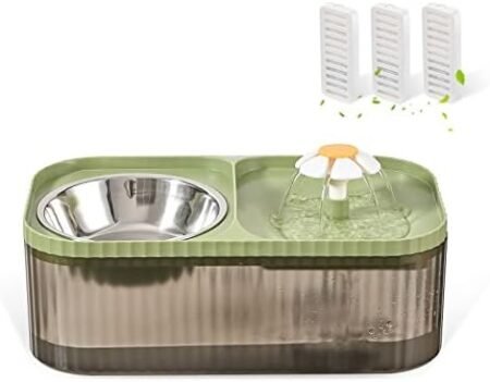 Cat Water Fountain and Food Bowl, 3L/101oz Ultra Quiet Pet Water Dispenser with Smart Pump and 3 Replacement Filters, Automatic Flower Fountain & Stainless Steel Bowl (Black & Green)
