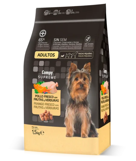 Compy Supreme for adult dogs of small breeds. with fresh chicken, fruit and vegetables. GRAIN FREE. (1.5kg)