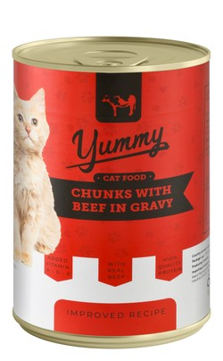 Yummy Wet Cat Food Chunks with Beef in Gravy